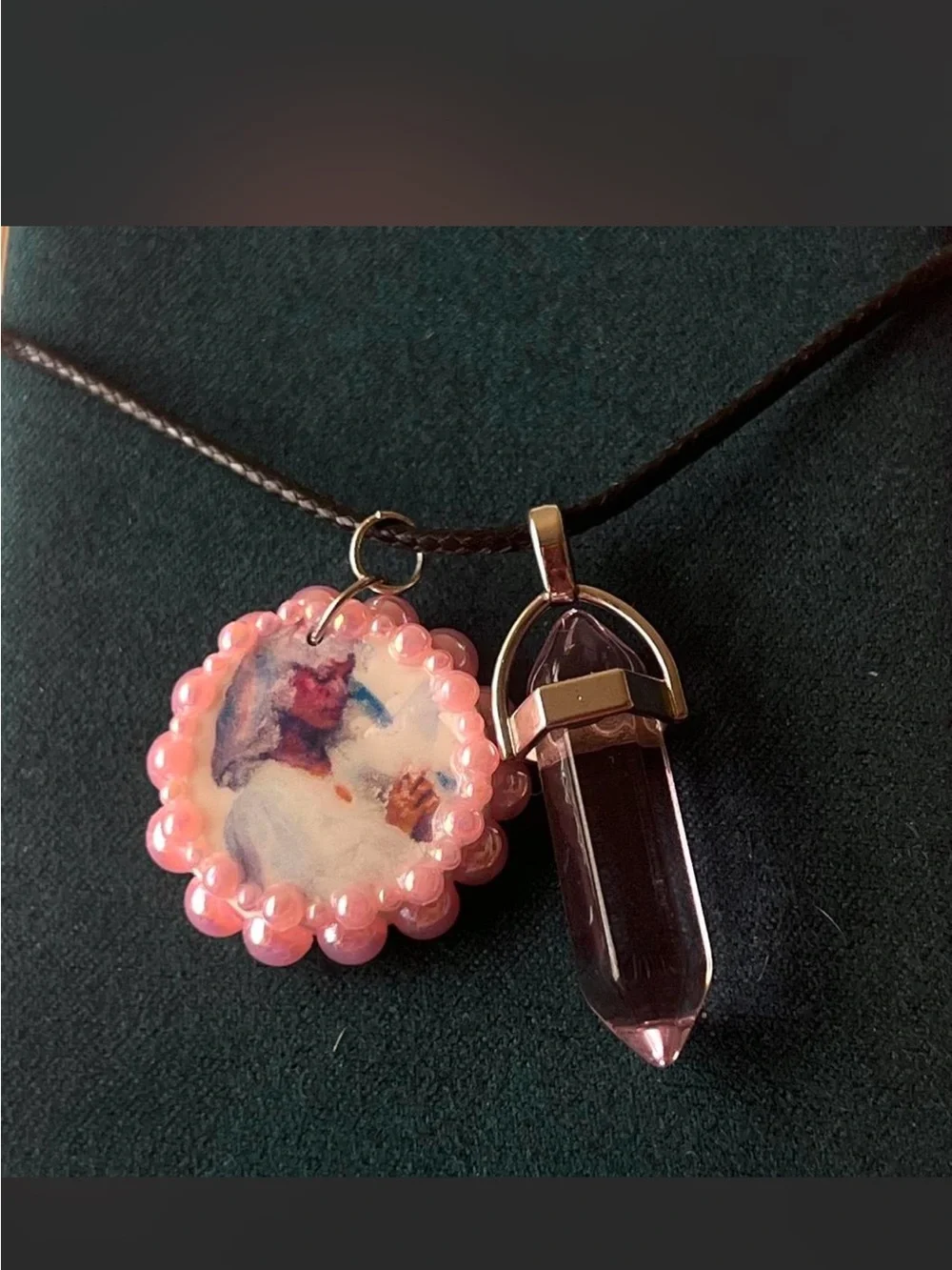 Pink Beaded Portrait Pendant Necklace with Pink Crystal Point